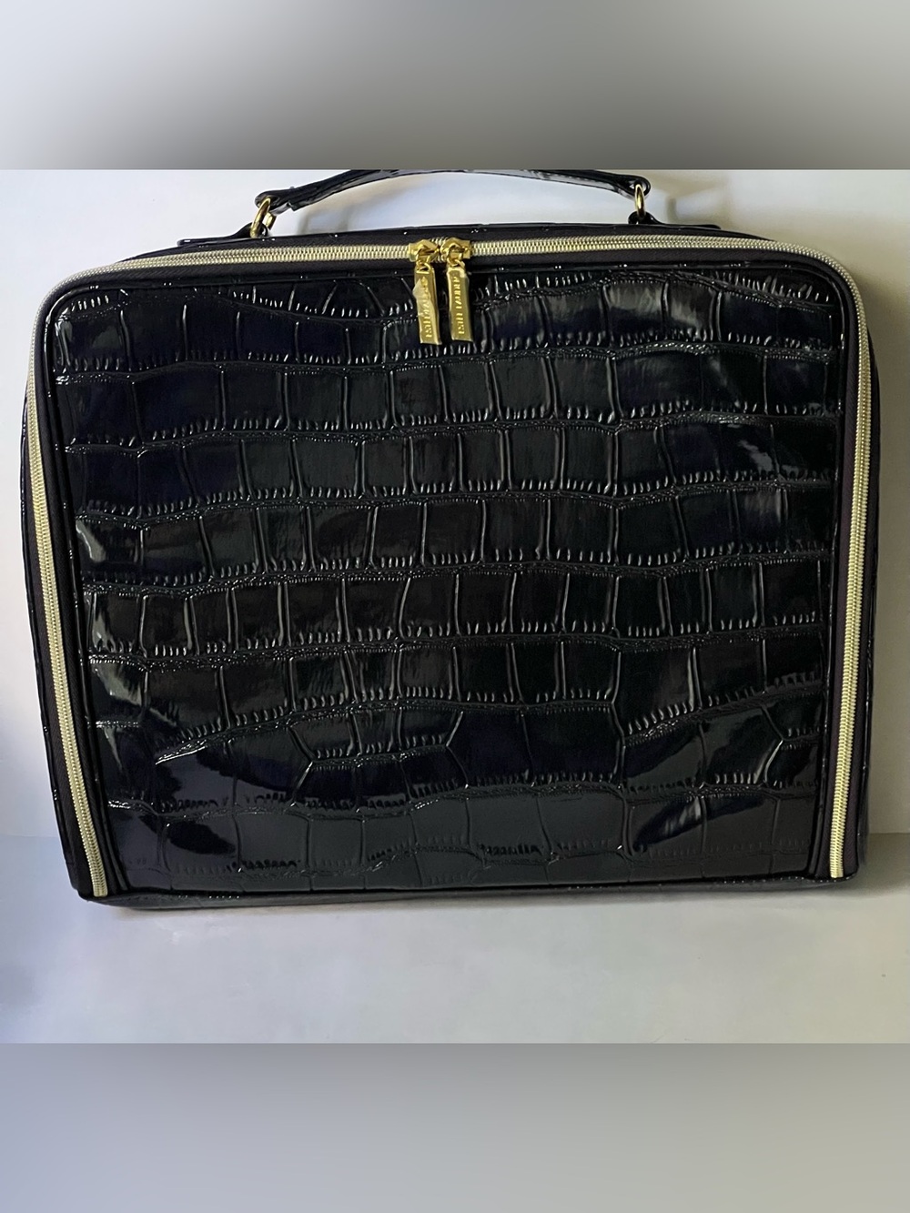 Estee Lauder Navy Patent Croc-Texture Cosmetic Pouch with Gold Zipper Pulls